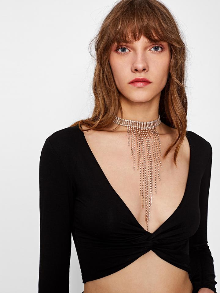 Shein Rhinestone Decorated Chain Tassel Choker Necklace