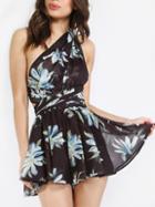 Shein Black Deep V Neck Tie-waist Convertible Floral Romper