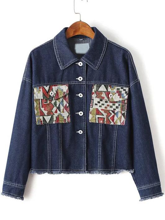 Shein Blue Graphic Pattern Frayed Trim Denim Jacket