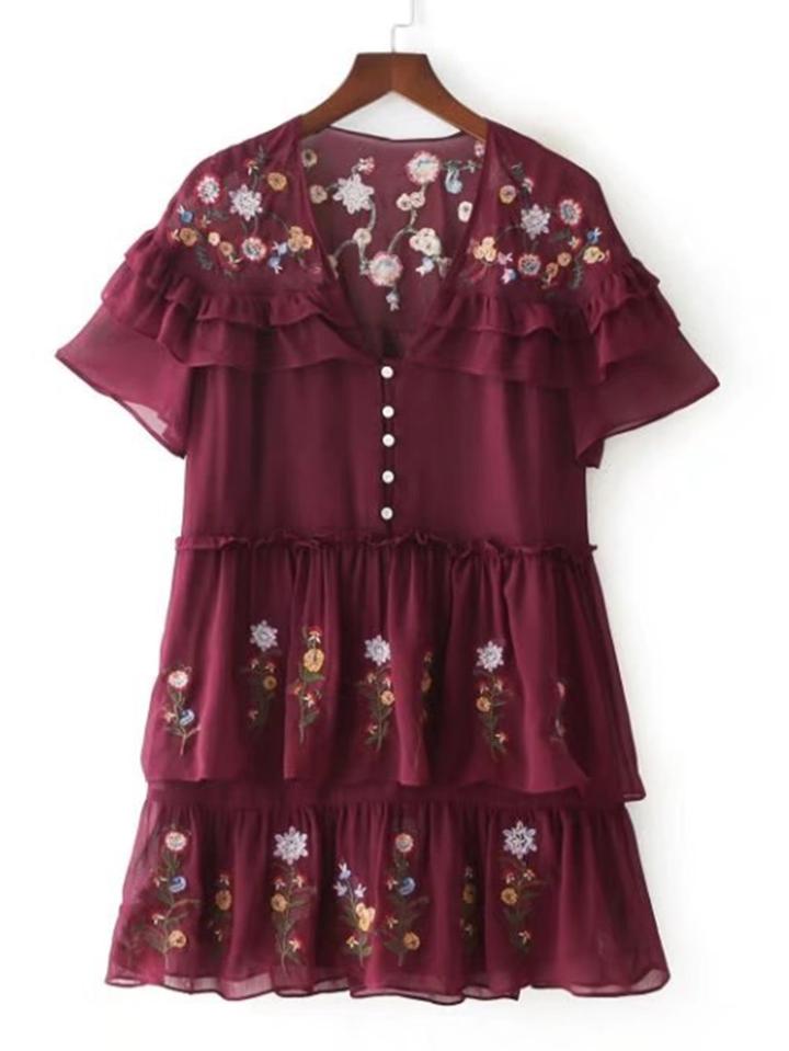 Shein Embroidery Flower Layered Flounce Button Detail Dress