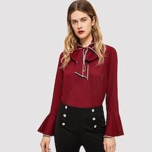 Shein Flounce Sleeve Tied Neck Blouse