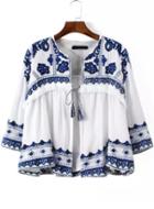 Shein Blue White Knotted Embroidered Crop Outerwear