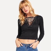 Shein Eyelet Lace Up Plunge Neck Tee