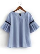 Shein Blue Bell Sleeve Self-tie Bow Back Striped Blouse