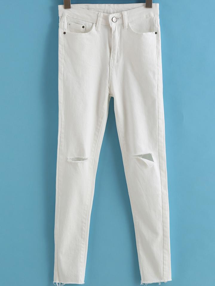 Shein White Pockets Ripped Denim Pant