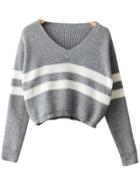 Shein Grey V Neck Striped Crop Knit Sweater