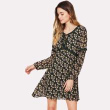 Shein Tied Neck Lace Trim Floral Dress