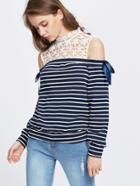 Shein Navy Striped Contrast Floral Lace Cold Shoulder Sweatshirt