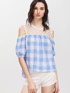 Shein Blue And White Checkered Daisy Crochet Cold Shoulder Top