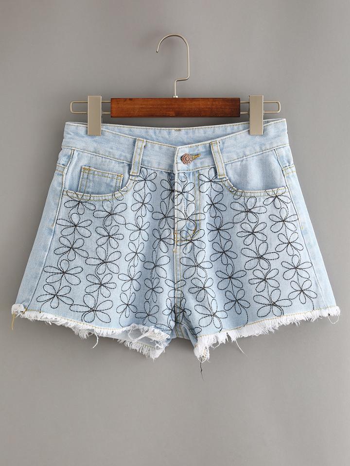 Shein Frayed Flower Embroidered Light Blue Denim Shorts