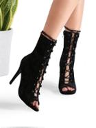 Shein Black Velvet Open Toe Lace Up Ankle Boots