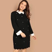 Shein Plus Contrast Collar And Cuff Pearl Detail Dress