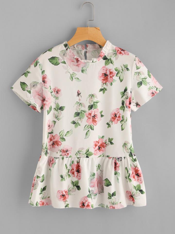 Shein All Over Florals Keyhole Back Frill Top