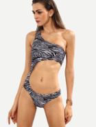 Shein Black White Zebra Print Cutout One Shoulder Monokini