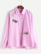 Shein Pink Vertical Striped Embroidered Patches High Low Shirt