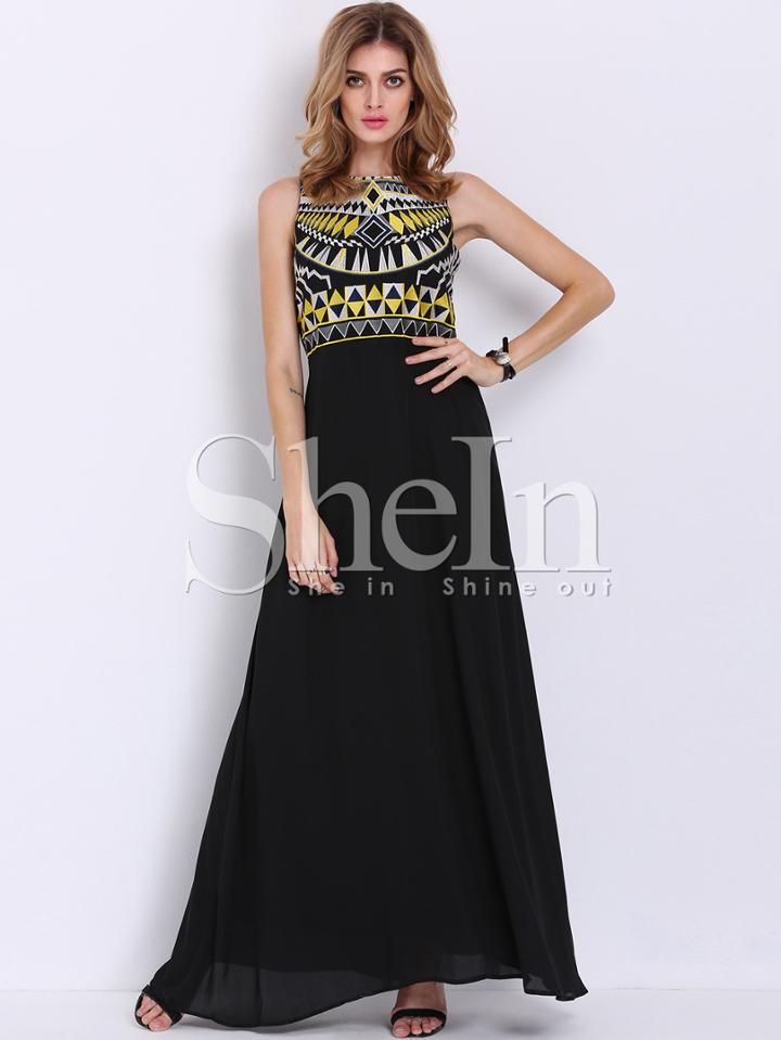 Shein Black Sleeveless Tribal Tradition Embroidery Maxi Dress