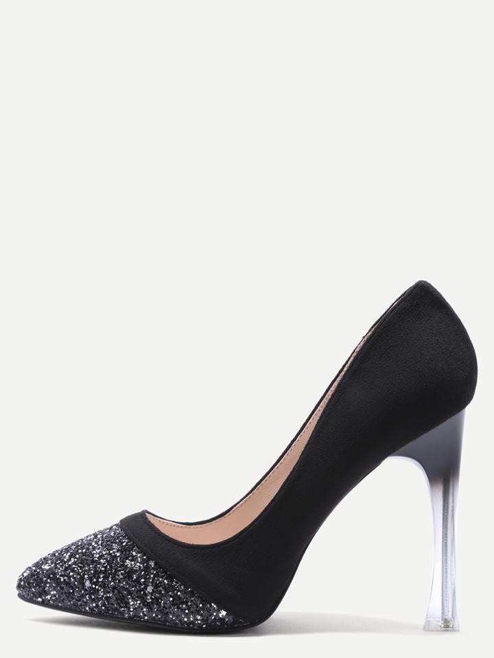 Shein Black Embellished Toe Suede Leather Sheer Heel Pumps