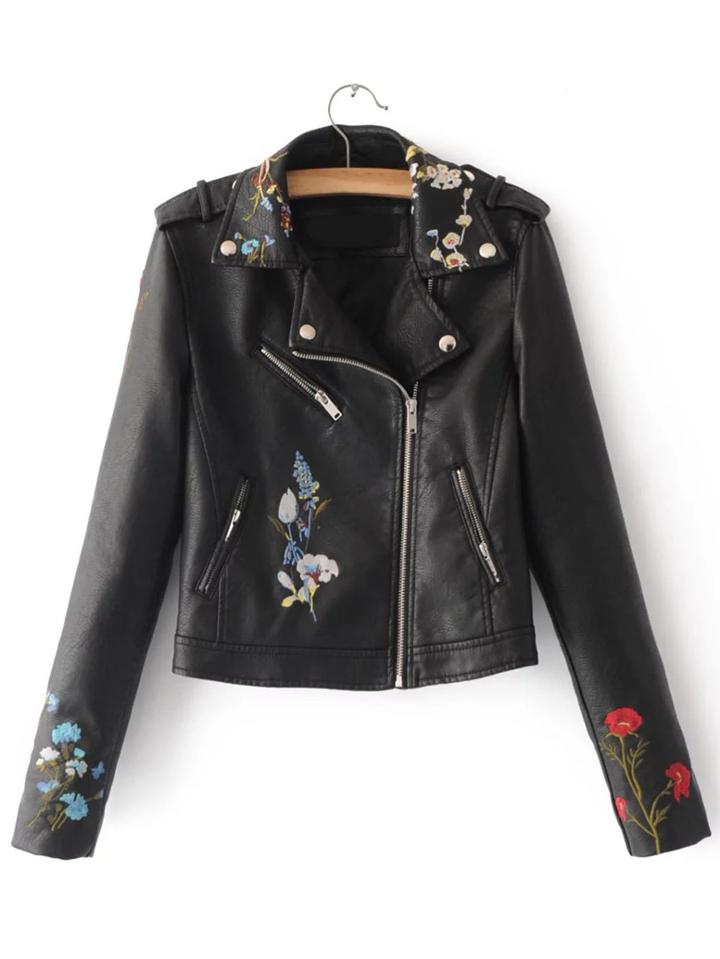 Shein Black Embroidery Oblique Zipper Pu Jacket