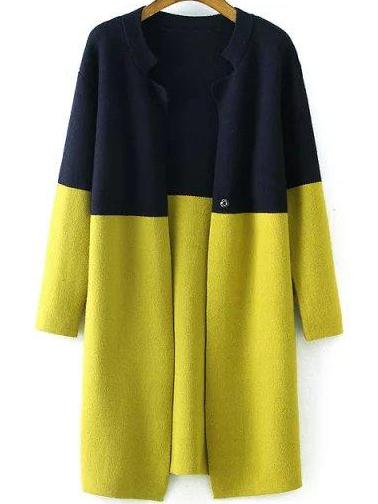Shein Navy Yellow Long Sleeve Loose Knit Cardigan