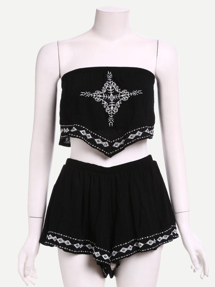 Shein Embroidered Crop Bandeau Top With Shorts - Black
