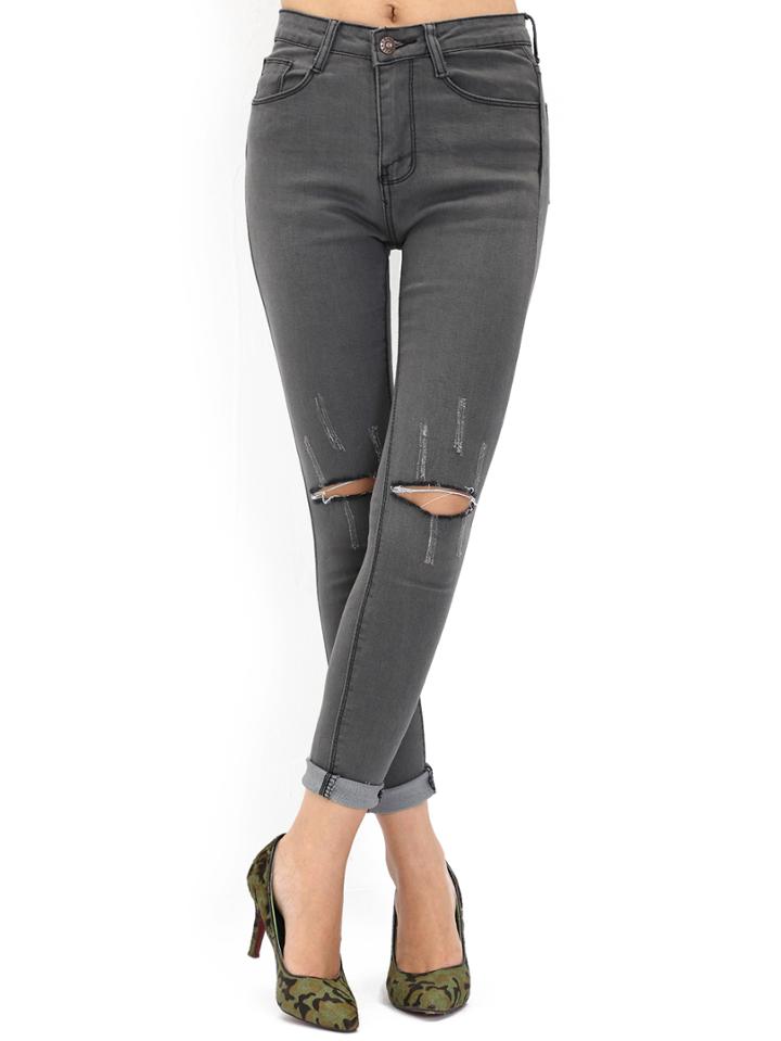 Shein Grey Pockets Ripped Denim Pant