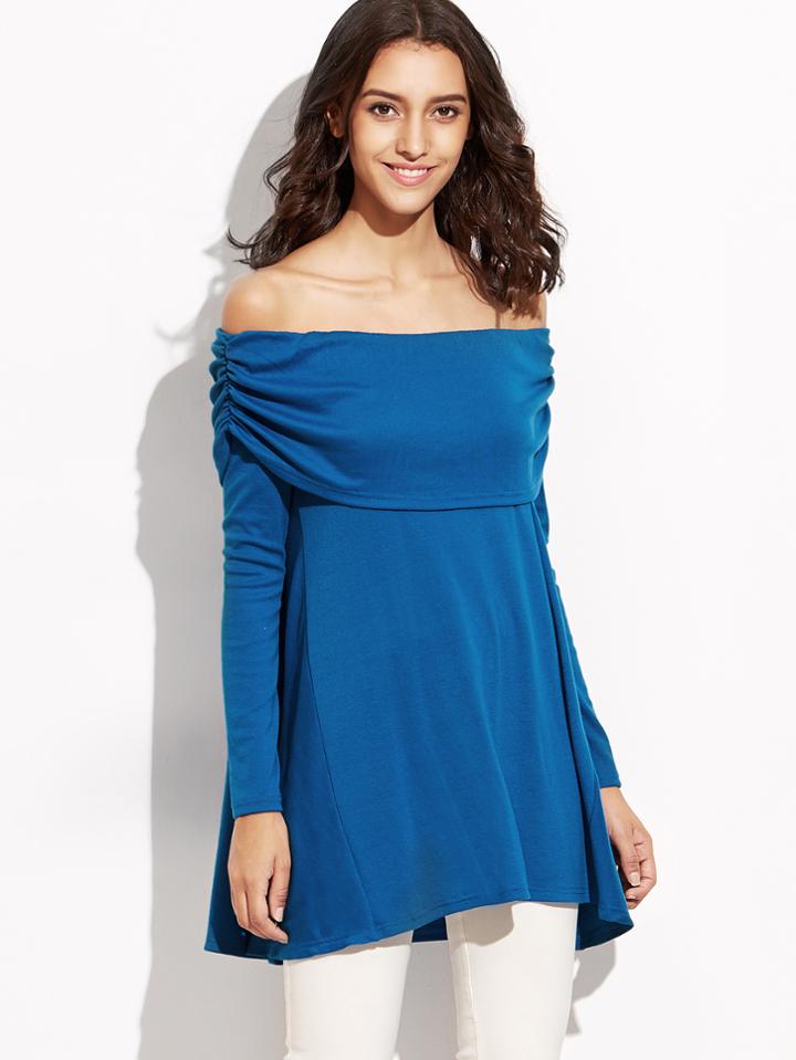 Shein Blue Foldover Off The Shoulder Ruched T-shirt