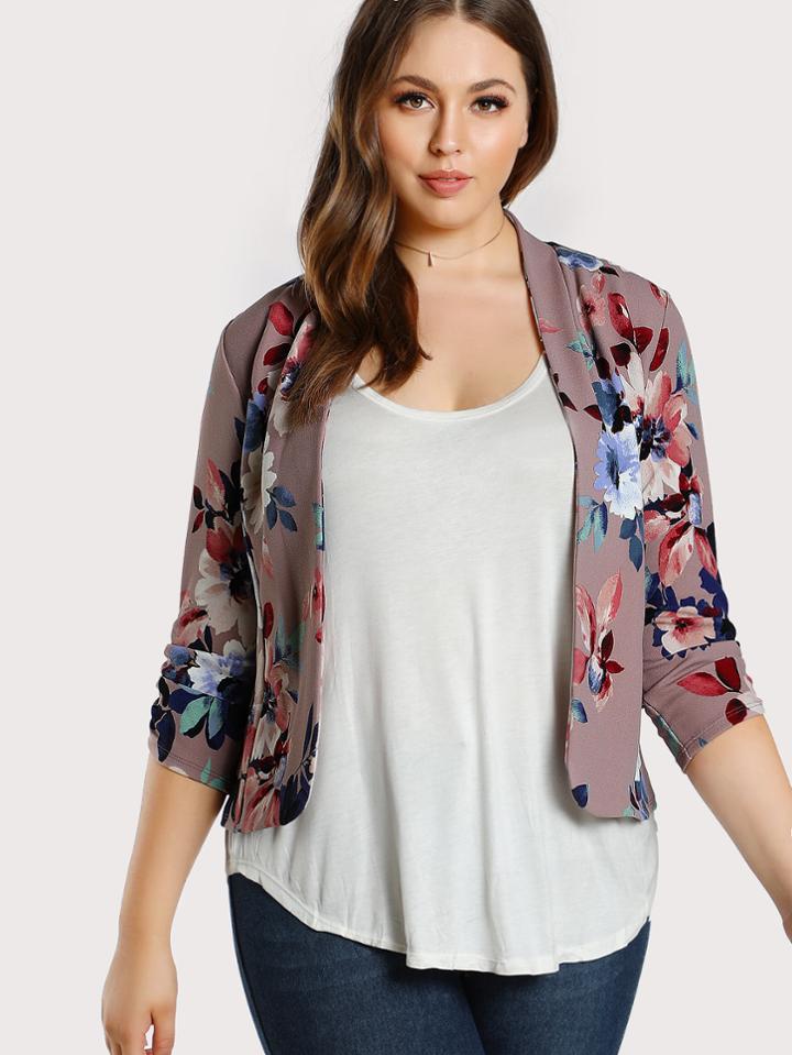 Shein Shirred Cuff Stretch Knit Floral Blazer
