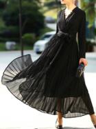 Shein Black V Neck Pleated A-line Dress