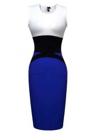 Rosewe Ol Style Round Neck Sleeveless Color Block Work Dress