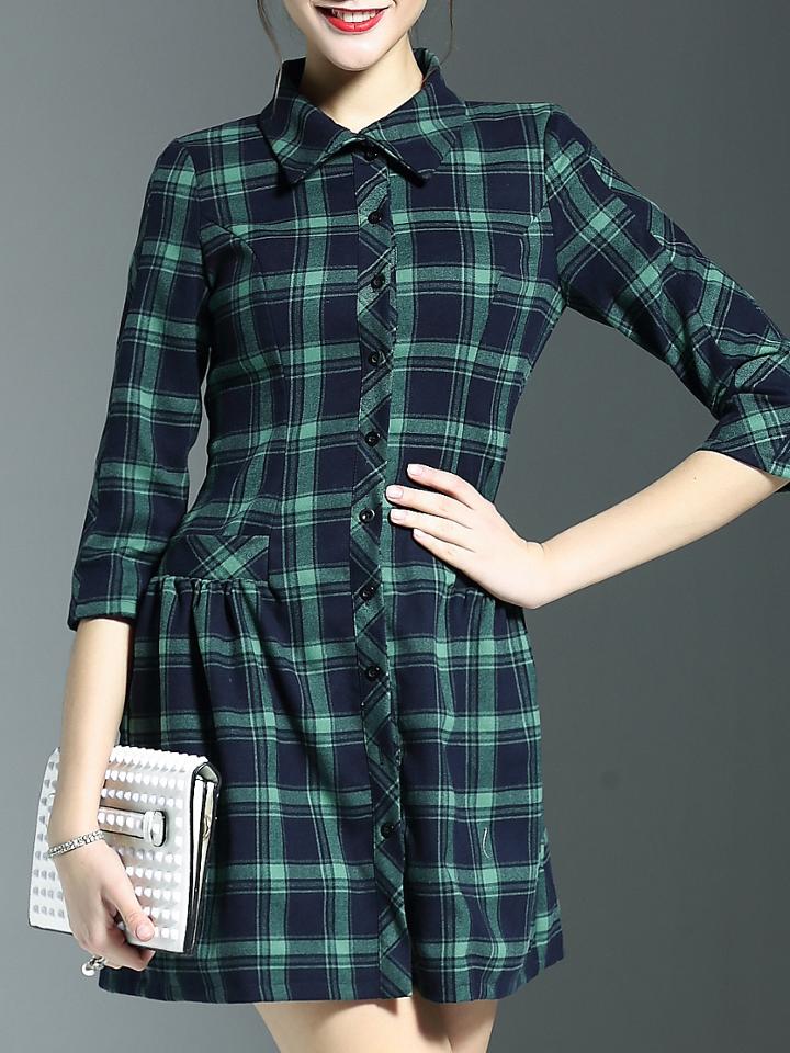 Shein Green Lapel Plaid Pockets Drop Waist Dress