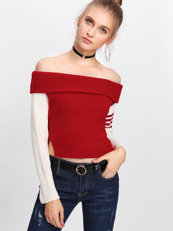 Shein Off Shoulder Foldover Contrast Striped Sleeve Split Sweater