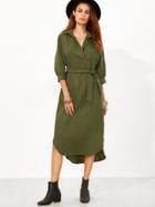 Shein Army Green Dip Hem Belt Shirt Dress