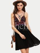 Shein Black Sleeveless Deep V Neck Embroidered Crisscross Dress