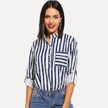 Shein Striped Print Roll Up Sleeve Blouse