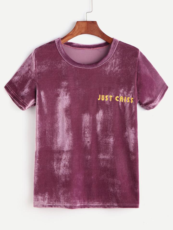 Shein Purple Velvet Letter Embroidered T-shirt