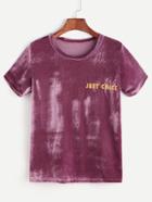 Shein Purple Velvet Letter Embroidered T-shirt