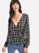 Shein Ruched Detail Surplice Wrap Checked Top