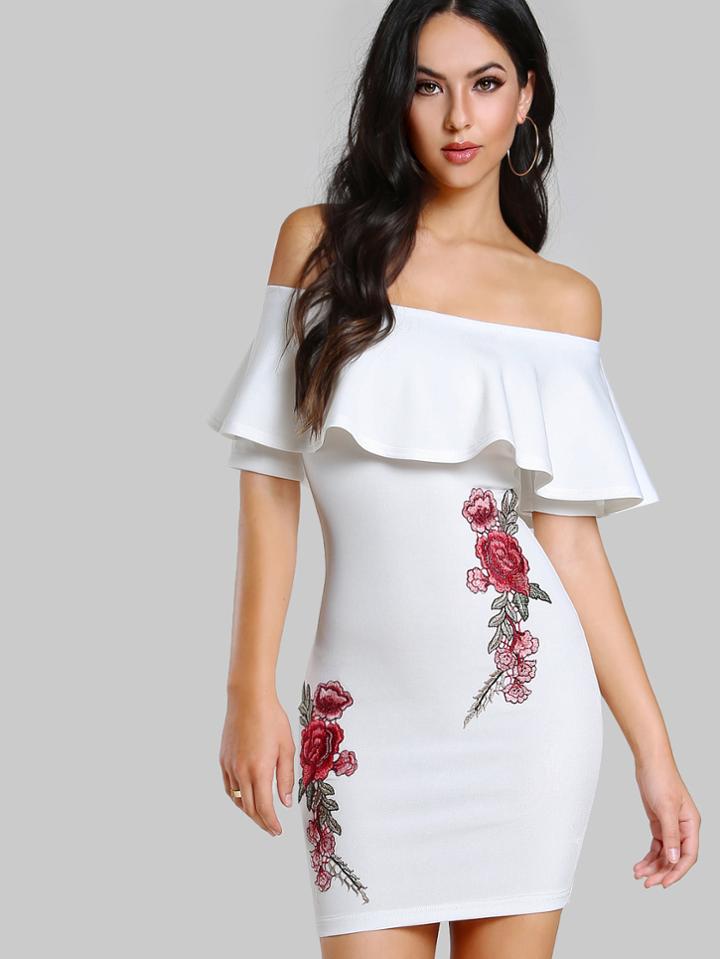 Shein Embroidered Flower Patch Flounce Bardot Dress