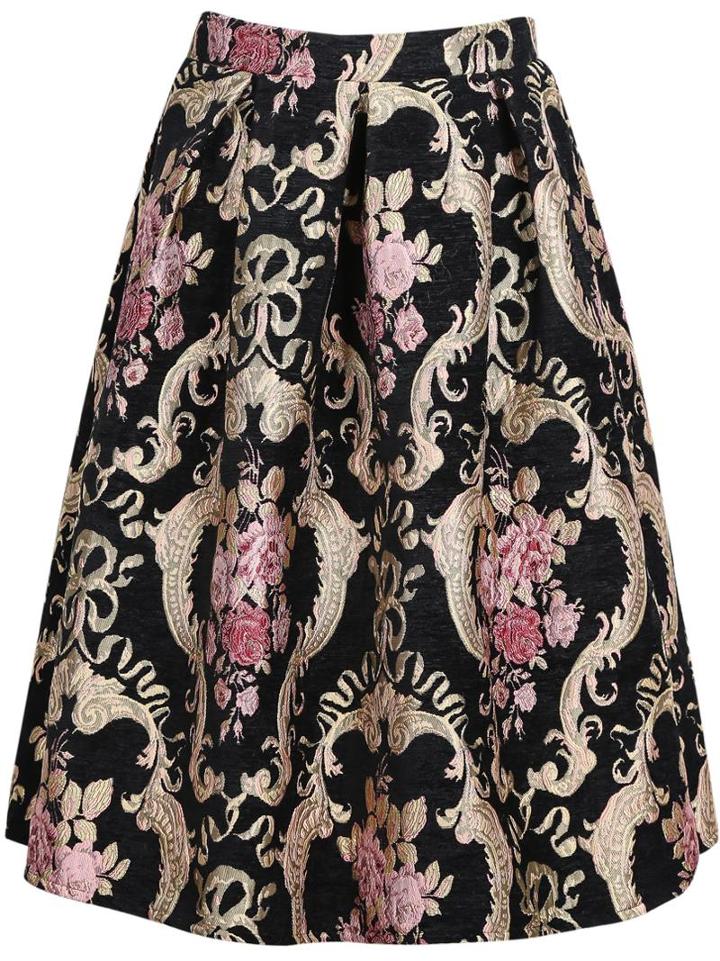 Shein Black Vintage Floral Pleated Skirt
