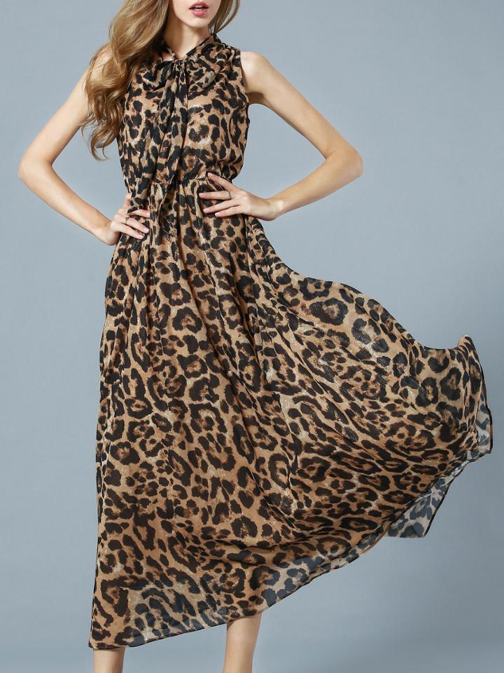 Shein Leopard Tie Neck A-line Dress
