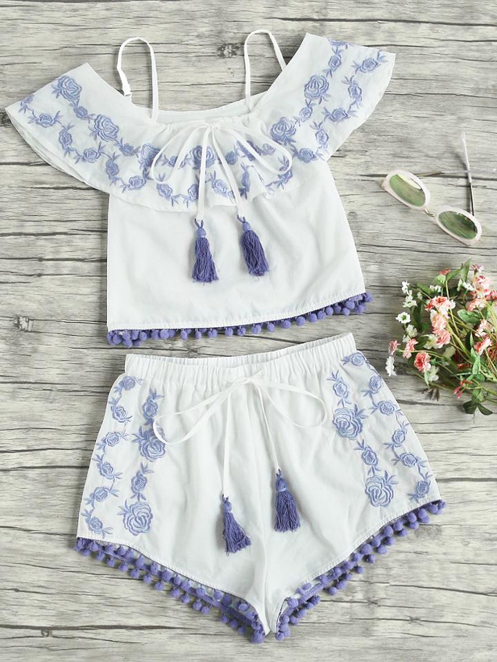 Shein Pom Pom Trim Embroidered Frill Top And Shorts Co-ord