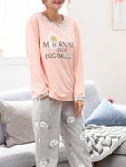 Shein Contrast Trim Slogan Print Pullover & Pants Pj Set