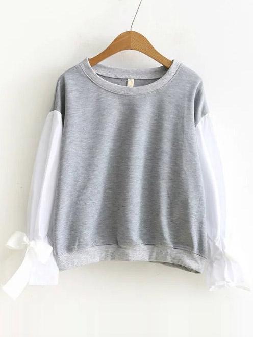 Shein Grey Color Block Sweatshirt With Bow Tie