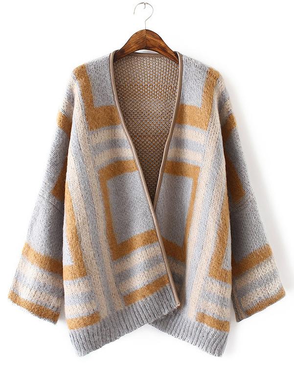 Shein Khaki Contrast Geo Pattern Cardigan Coat