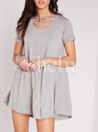 Shein Grey Crisscross Short Sleeve Casual Dress