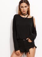 Shein Black Strappy Asymmetric Open Shoulder T-shirt