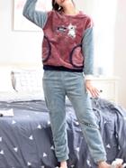 Shein Contrast Embroidered Two Tone Plush Top & Pants Pj Set