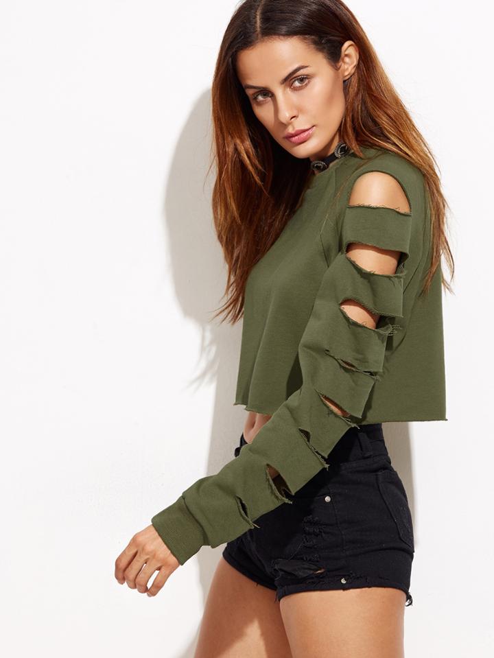 Shein Army Green Ladder Cut Out Sleeve Raw Hem Sweatshirt
