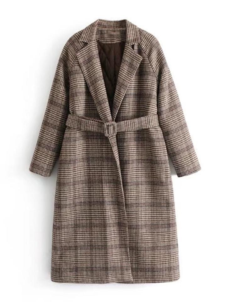 Shein Raglan Sleeve Plaid Longline Coat With Belt