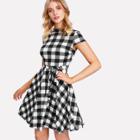 Shein Belted Waist Fit & Flare Gingham Dress
